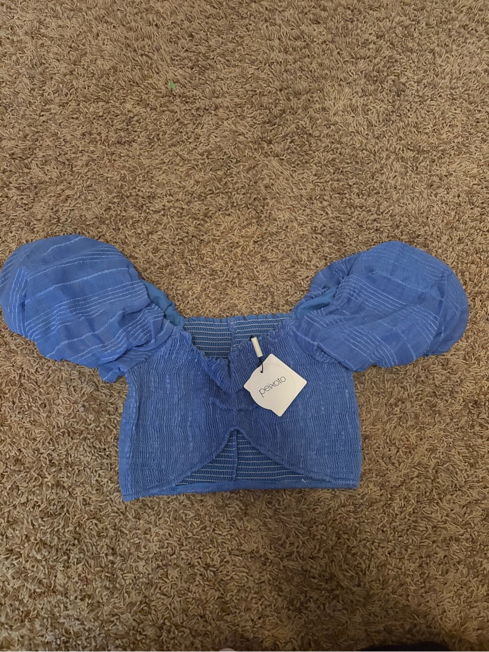 BCBG Blue Textured Puff Sleeve Crop Top